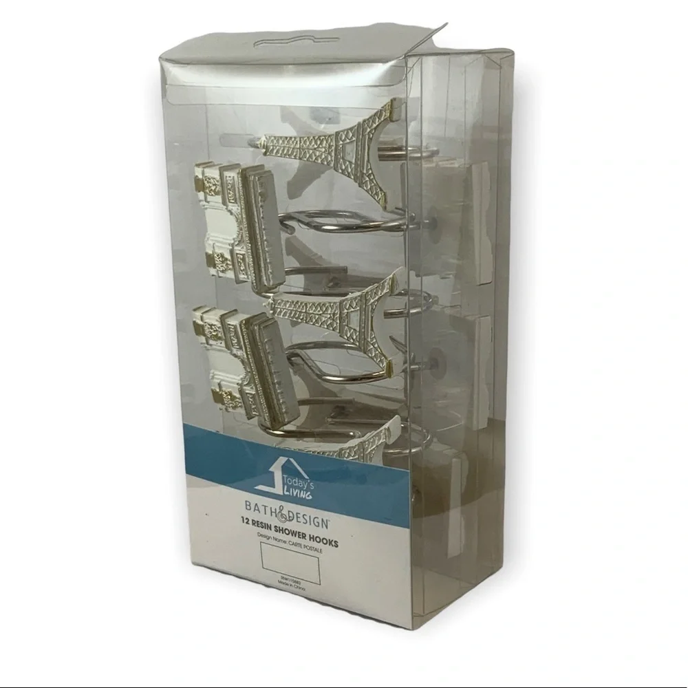 Paris Eiffel Tower Shower Hooks Arc de Triomphe French Resin White Gold 12 PC - Picture 5 of 16